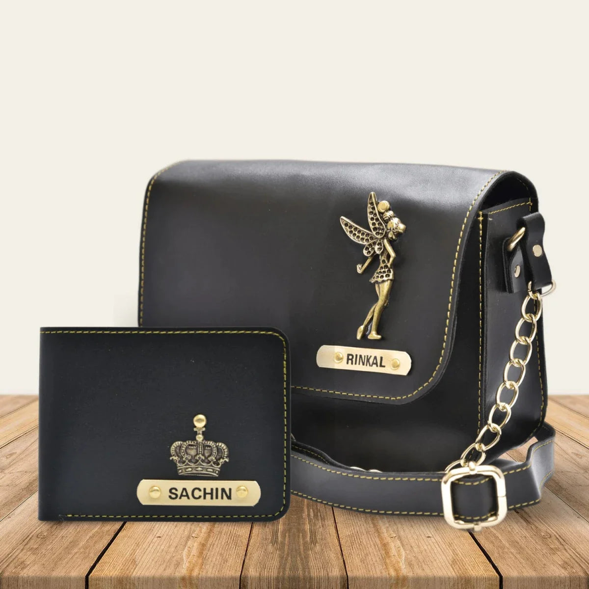 Personalized Couple s Combo Chained Sling Bag Men s Wallet Black