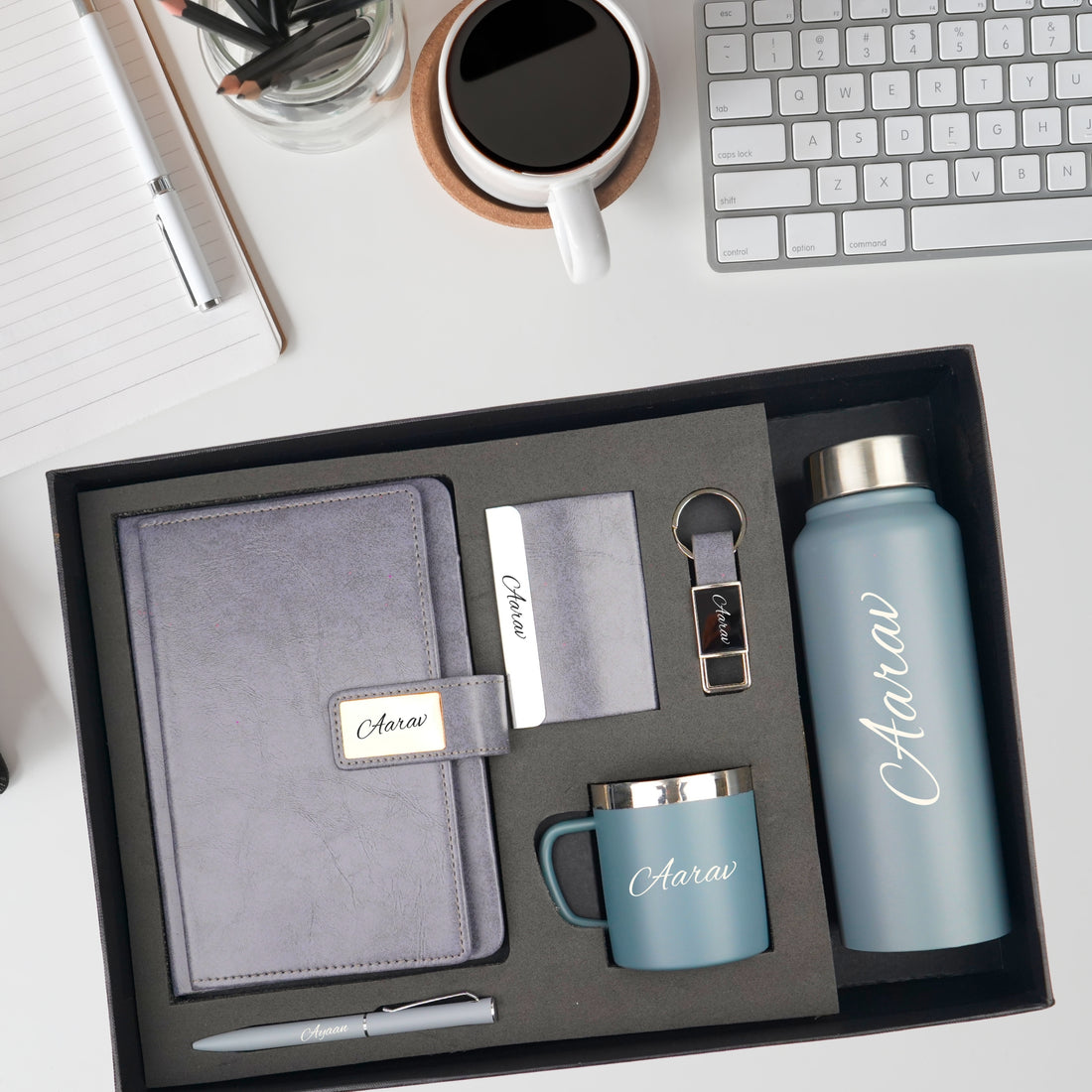Classy Executive Diary + Classic Metal Pen + Classy Leather Metal Keychain + Classy Card Holder + Classic Smart Bottle  + Stainless Steel Mug - Grey