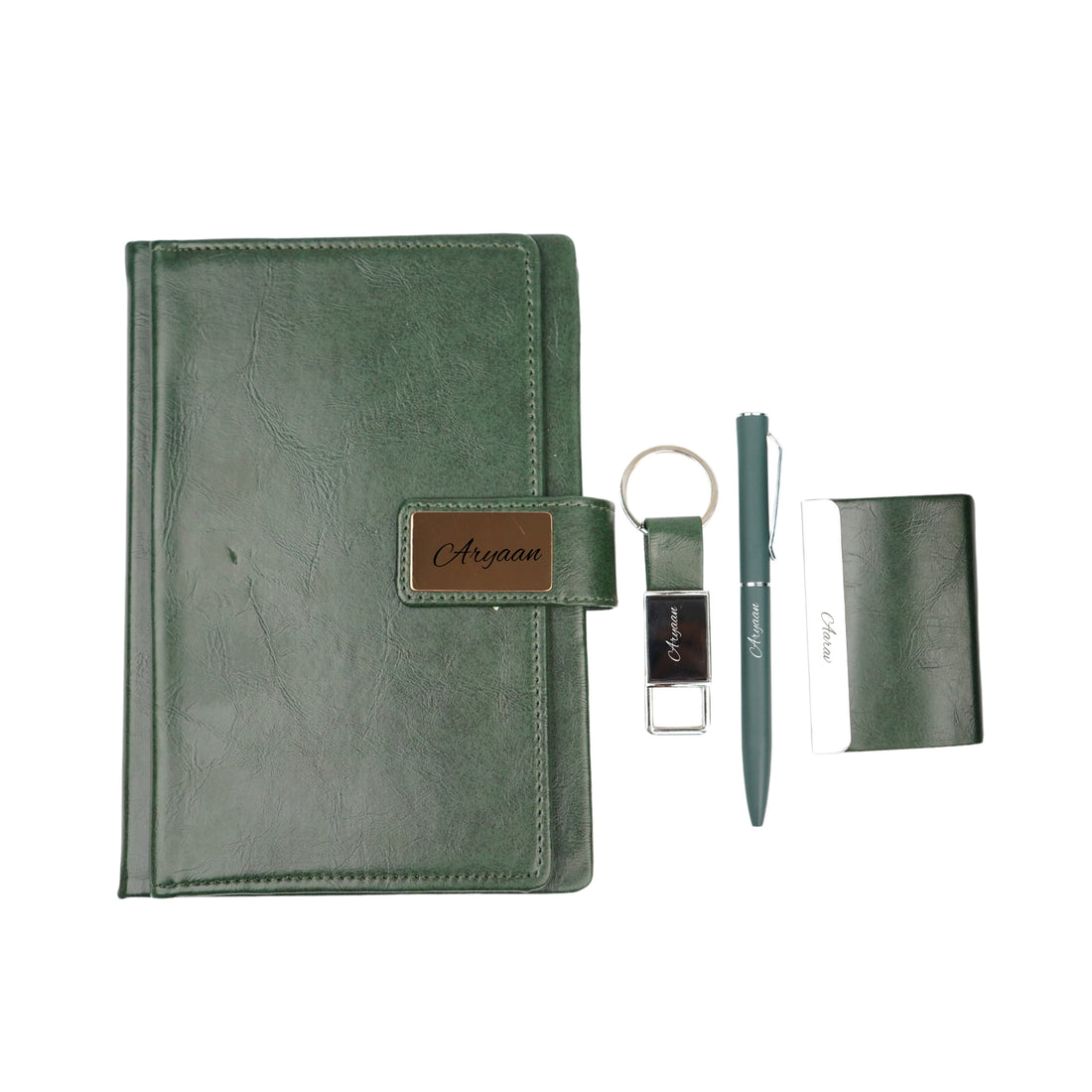 Classy Executive Diary + Classic Metal Pen + Classy Leather Metal Keychain + Classy Card Holder - Green