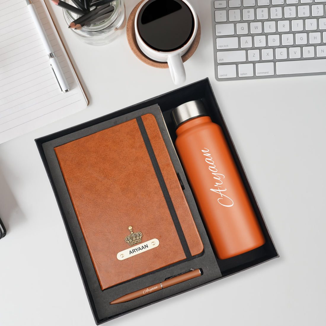 Classy Hardcover Diary + Classic Metal Pen + Classic Smart Bottle - Tan