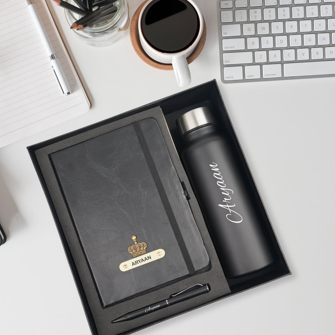 Classy Hardcover Diary + Classic Metal Pen + Classic Smart Bottle - Black