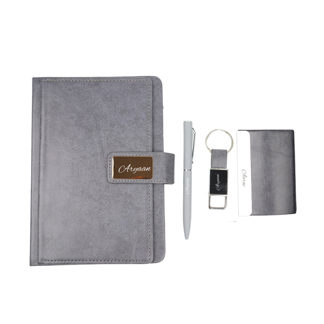 Classy Executive Diary + Classic Metal Pen + Classy Leather Metal Keychain + Classy Card Holder - Grey