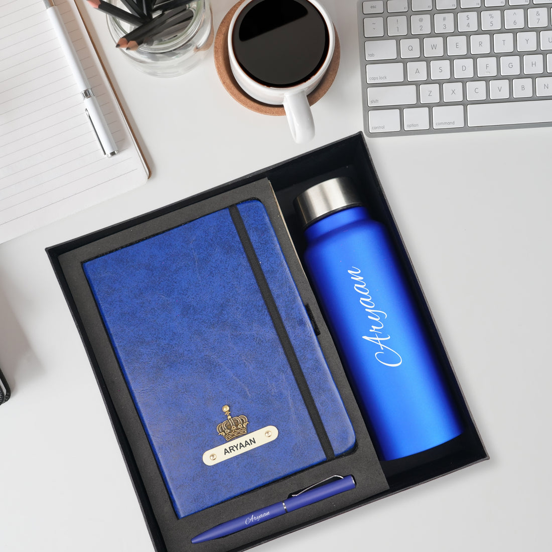 Classy Hardcover Diary + Classic Metal Pen + Classic Smart Bottle - Blue