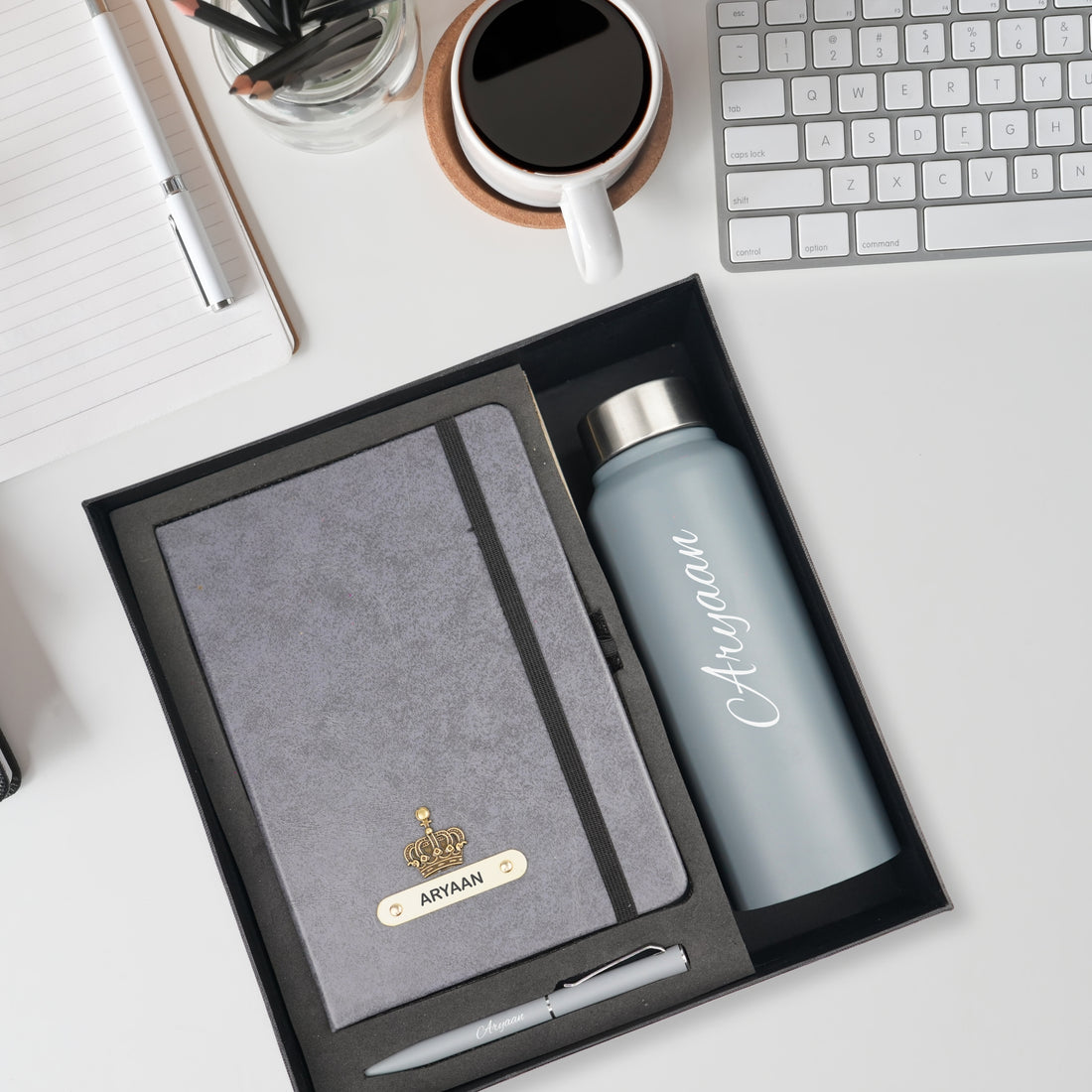 Classy Hardcover Diary + Classic Metal Pen + Classic Smart Bottle - Grey