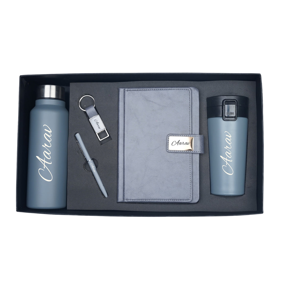 Classy Executive Diary + Classic Metal Pen + Classy Leather Metal Keychain + Classic Smart Bottle  + Stainless Steel Travell Mug - Grey