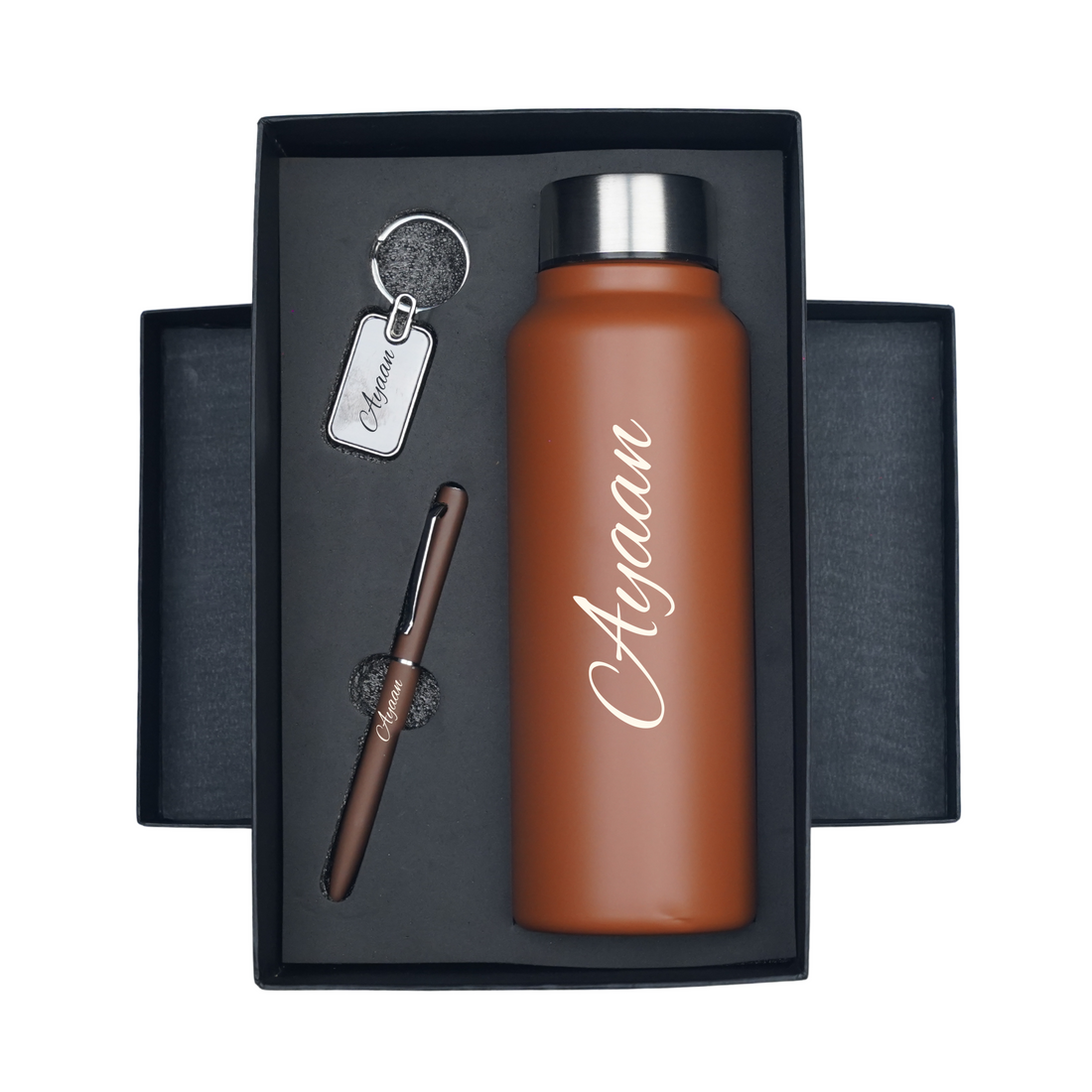 Classic Metal Pen+Classic Leather Metal Keychain+Classic Smart Bottle-TAN