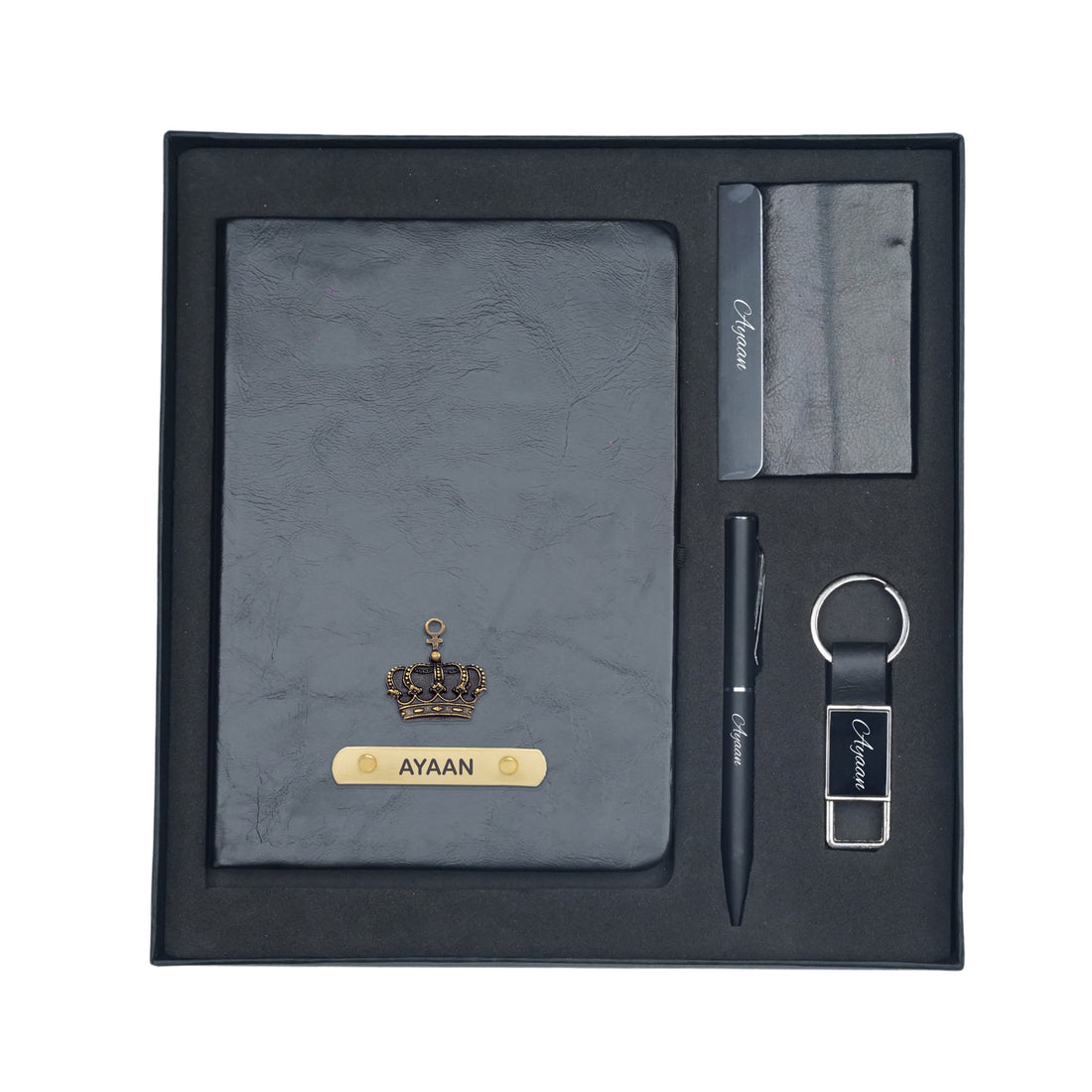 Classy Hardcover Diary + Classic Metal Pen + Classy Leather Metal Keychain + Classy Card Holder - Black