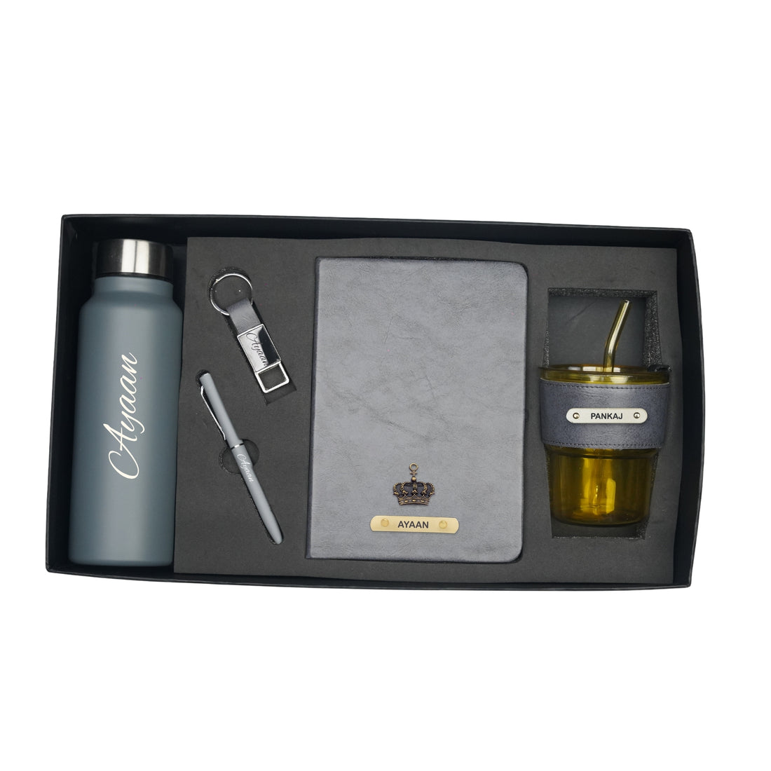 Classy Hardcover Diary + Classic Metal Pen + Classy Leather Metal Keychain + Classic Smart Bottle  +  Leather Sleeve Coffee Tumbler -Grey