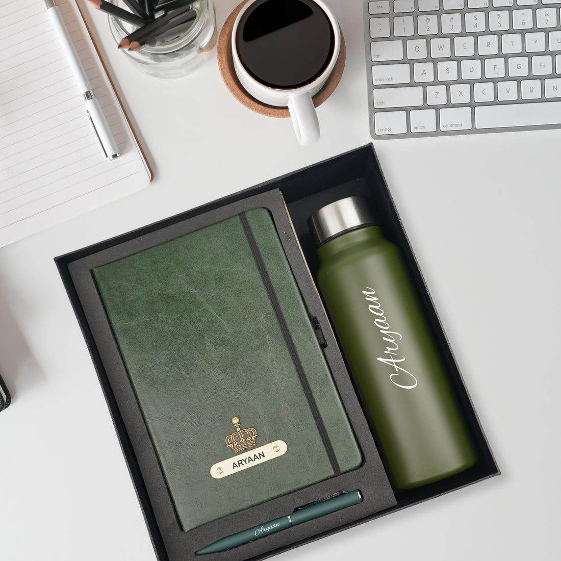 Classy Hardcover Diary + Classic Metal Pen + Classic Smart Bottle - Green