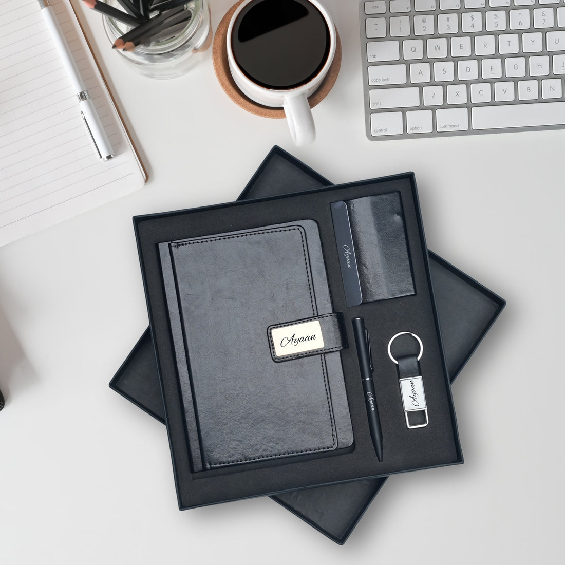 Classy Executive Diary + Classic Metal Pen + Classy Leather Metal Keychain + Classy Card Holder - Black