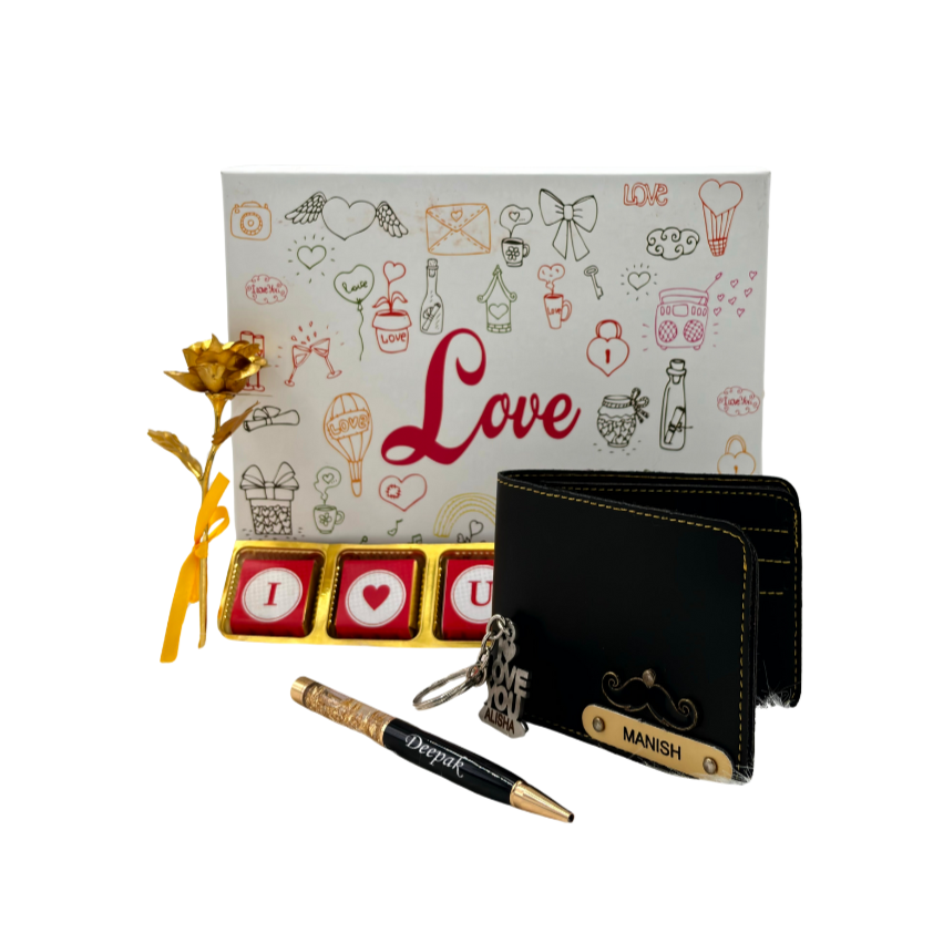 A customized XXXX leather wallet, I Love You chocolate & keychain, gold flaked pen, along with a gold rose, enclosed in a white love box, perfect for valentines gifting.