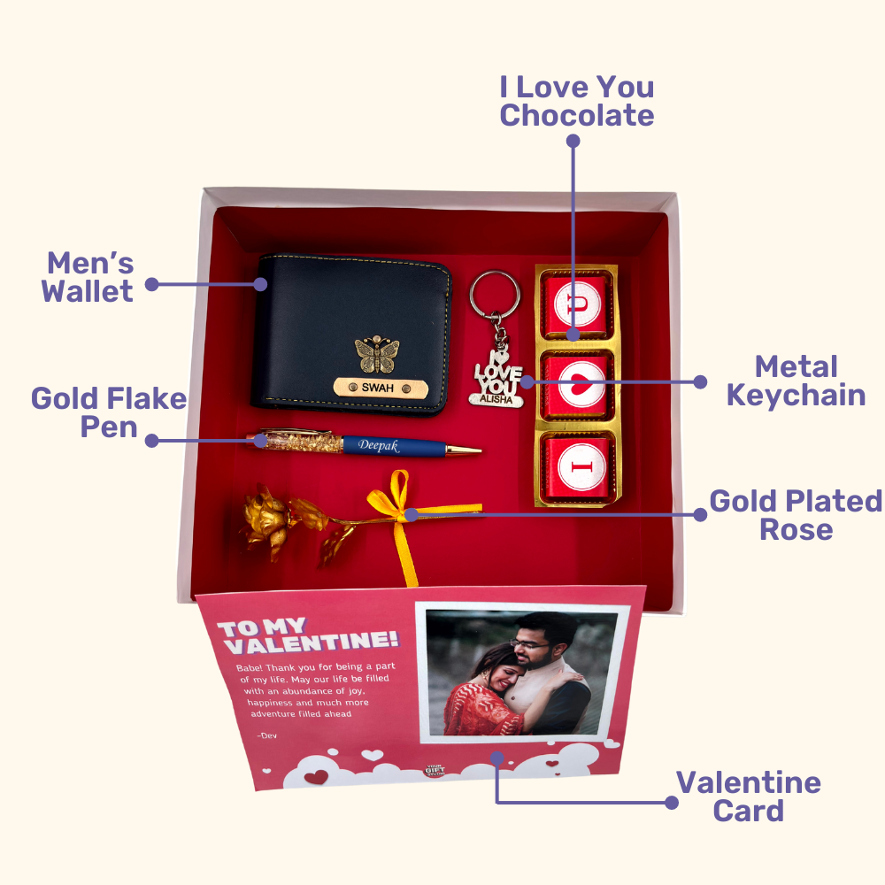 A box showcasing leather wallet, I Love You chocolate &  keychain, gold flaked pen, along with a gold rose, higlighting their features. Perfect for valentines gifting.