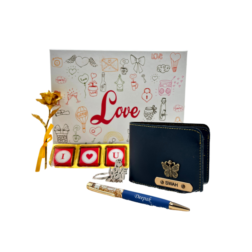 A customized royal blue leather wallet, I Love You chocolate & keychain, gold flaked pen, along with a gold rose, enclosed in a white love box, perfect for valentines gifting.