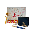 A customized royal blue leather wallet, I Love You chocolate & keychain, gold flaked pen, along with a gold rose, enclosed in a white love box, perfect for valentines gifting.