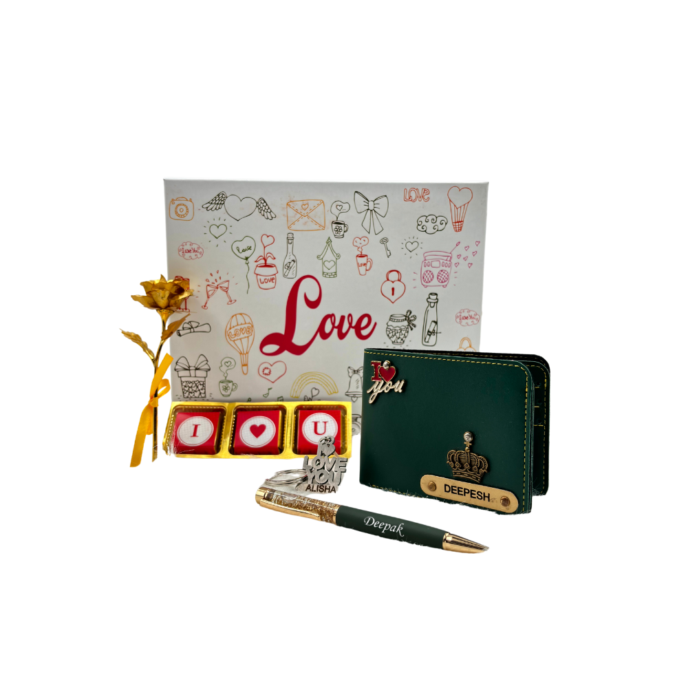 A customized olive green leather wallet, I Love You chocolate & keychain, gold flaked pen, along with a gold rose, enclosed in a white love box, perfect for valentines gifting.