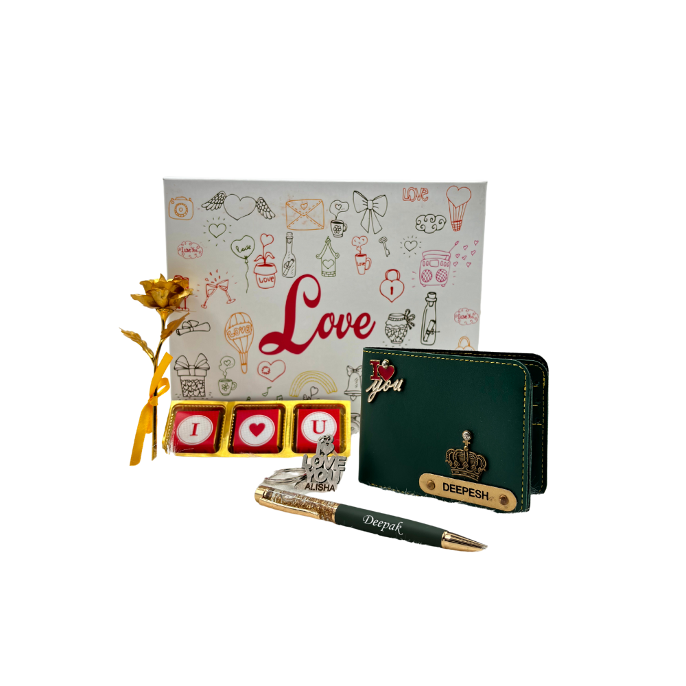 A box showcasing leather wallet, I Love You chocolate &  keychain, gold flaked pen, along with a gold rose, higlighting their features. Perfect for valentines gifting.