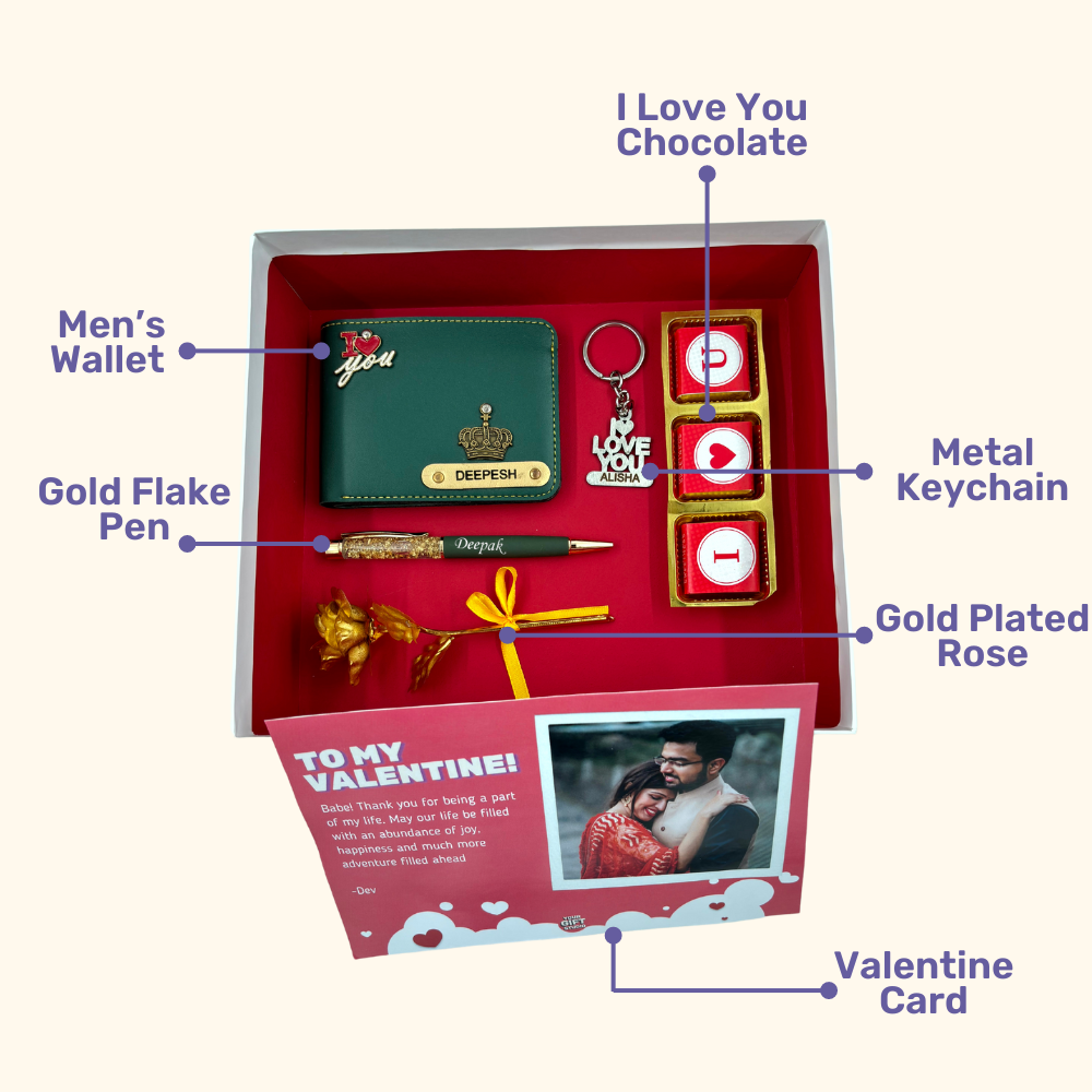 A box showcasing leather wallet, I Love You chocolate &  keychain, gold flaked pen, along with a gold rose, higlighting their features. Perfect for valentines gifting.