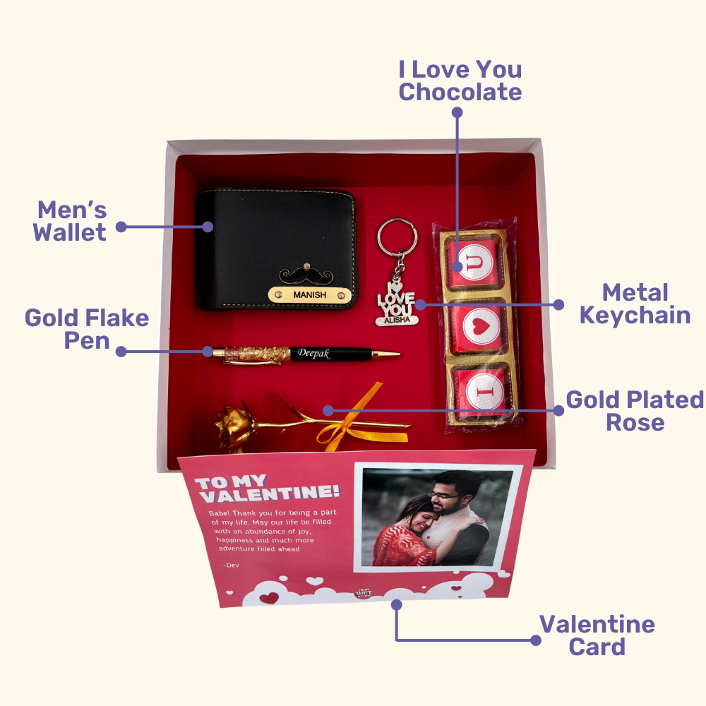 A box showcasing leather wallet, I Love You chocolate &  keychain, gold flaked pen, along with a gold rose, higlighting their features. Perfect for valentines gifting.