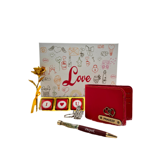 A customized wine leather wallet, I Love You chocolate & keychain, gold flaked pen, along with a gold rose, enclosed in a white love box, perfect for valentines gifting.
