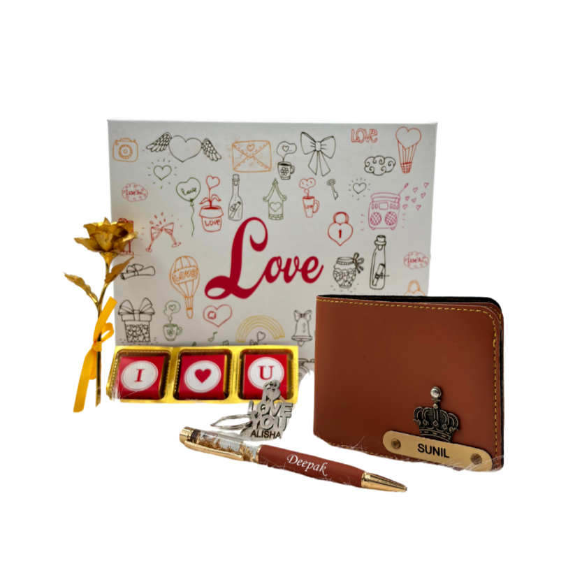 A customized tan leather wallet, I Love You chocolate & keychain, gold flaked pen, along with a gold rose, enclosed in a white love box, perfect for valentines gifting.