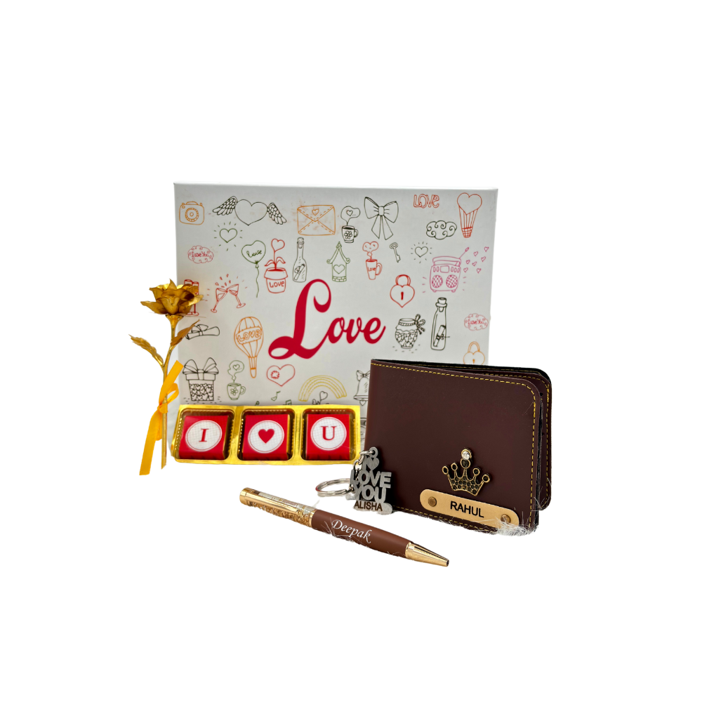 A customized brown leather wallet, I Love You chocolate & keychain, gold flaked pen, along with a gold rose, enclosed in a white love box, perfect for valentines gifting.