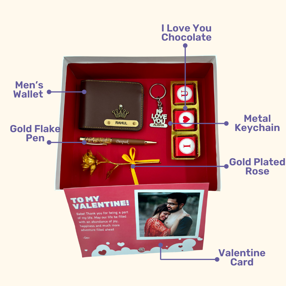 A top view of a box containing customized leather wallet, I Love You chocolate & keychain, gold flaked pen along with a gold rose.