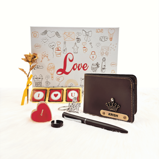 A customized brown leather wallet, I Love You chocolate & keychain, pen, along with a gold rose and heart shaped sceneted candle, enclosed in a white love box, perfect for valentines gifting.