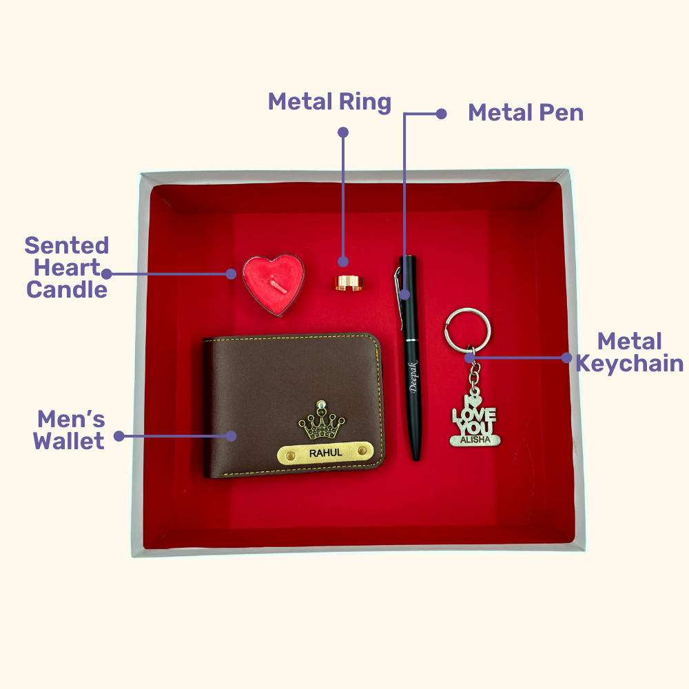 A box showcasing customized leather wallet, I Love You chocolate & keychain, pen, along with a gold rose and heart shaped sceneted candle higlighting their features. Perfect for valentines gifting.