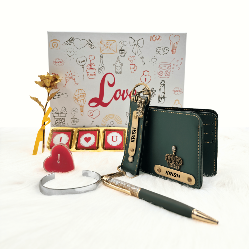 A customized olive green leather wallet, olive green keychain, gold flaked pen, metal kada, scented candle with a gold plated rose, enclosed in a white box, perfect for valentines gifting.