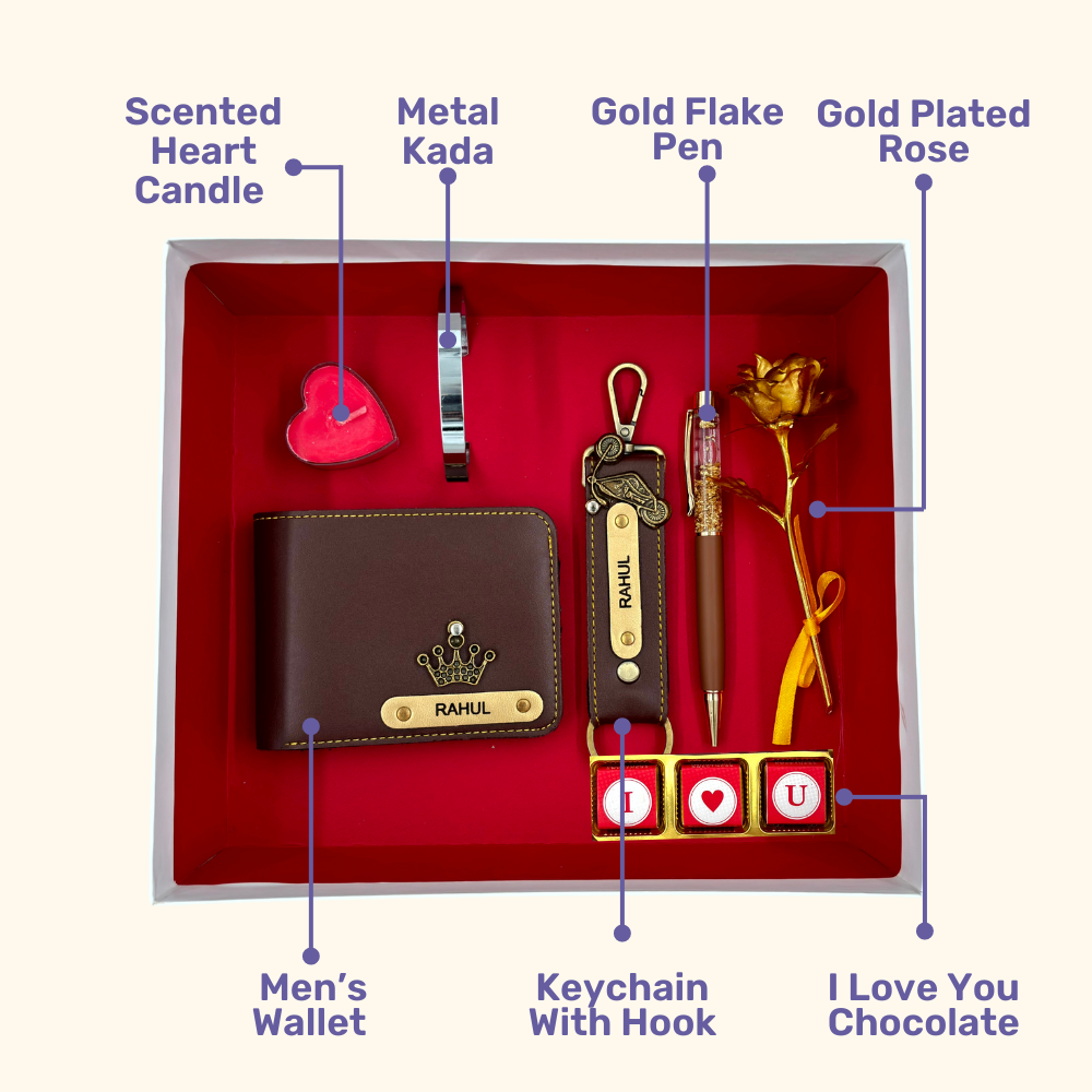 A box showcasing customized leather wallet, keychain, gold flaked pen, metal kada, scented candle with a gold plated rose and higlighting their features. Perfect for valentines gifting.