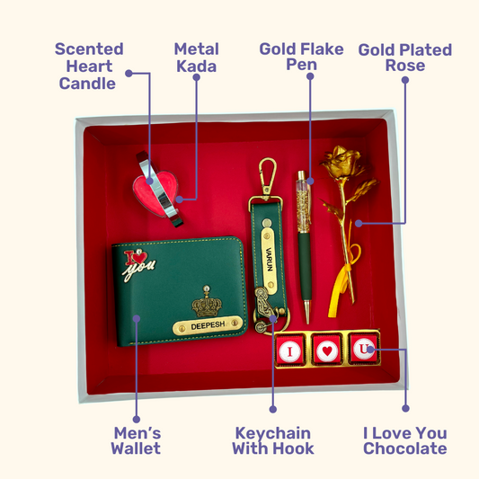 A box showcasing customized leather wallet, keychain, gold flaked pen, metal kada, scented candle with a gold plated rose and higlighting their features. Perfect for valentines gifting.
