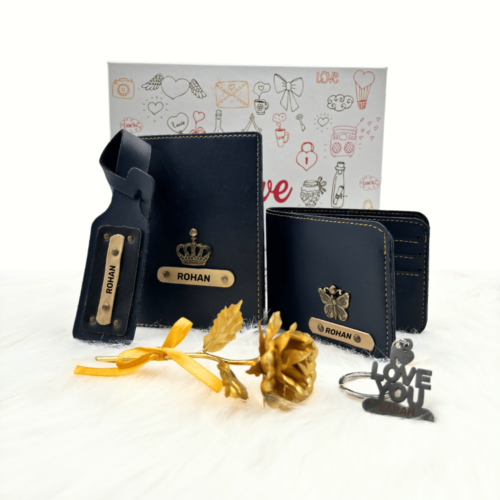 A customized royal blue leather wallet, royal blue passport cover, royal blue luggage tag with a gold rose and keychain, enclosed in a white box, perfect for valentines gifting.
