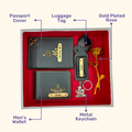 A box containing customized passport, keychain, and a gold keychain, symbolizing travel, security & perfect gift.