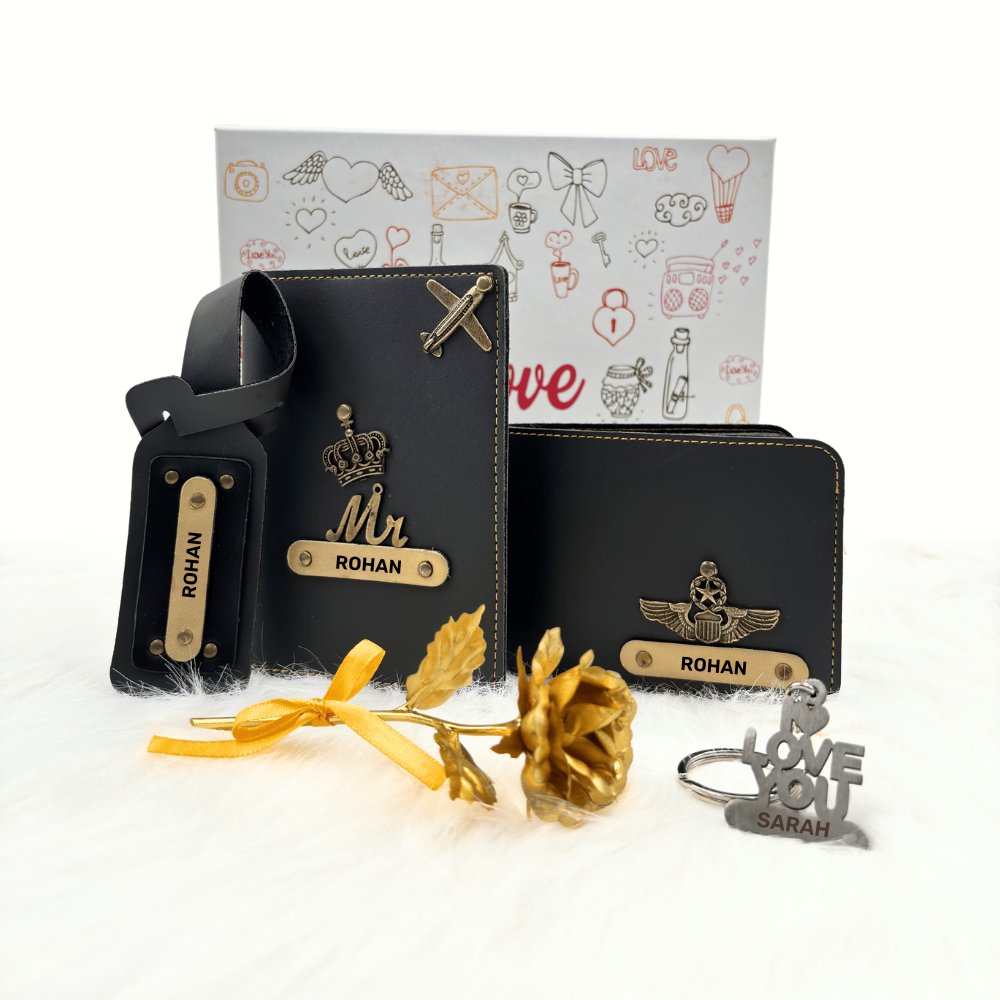 A box containing customized passport, keychain, and a gold keychain, symbolizing travel, security & perfect gift.