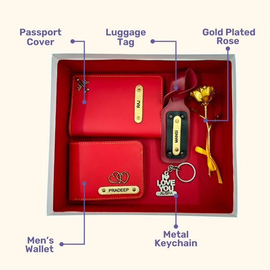 A box containing customized passport, keychain, and a gold keychain, symbolizing travel, security & perfect gift.