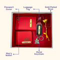 A box containing customized passport, keychain, and a gold keychain, symbolizing travel, security & perfect gift.