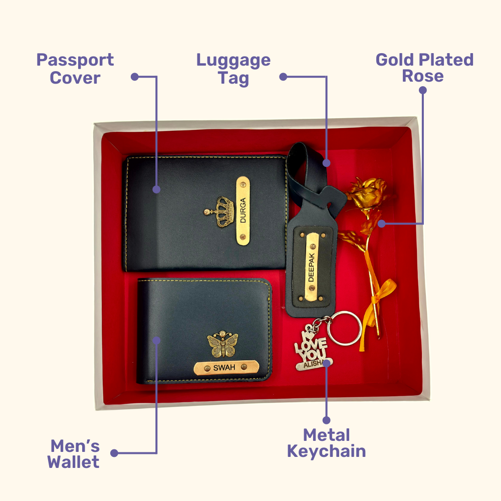 A box containing customized passport, keychain, and a gold keychain, symbolizing travel, security & perfect gift.