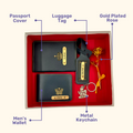 A box containing customized passport, keychain, and a gold keychain, symbolizing travel, security & perfect gift.