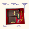 A box containing customized passport, keychain, and a gold keychain, symbolizing travel, security & perfect gift.