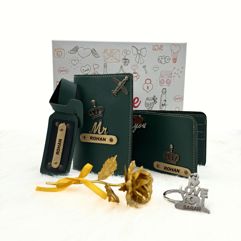 A box containing customized passport, keychain, and a gold keychain, symbolizing travel, security & perfect gift.