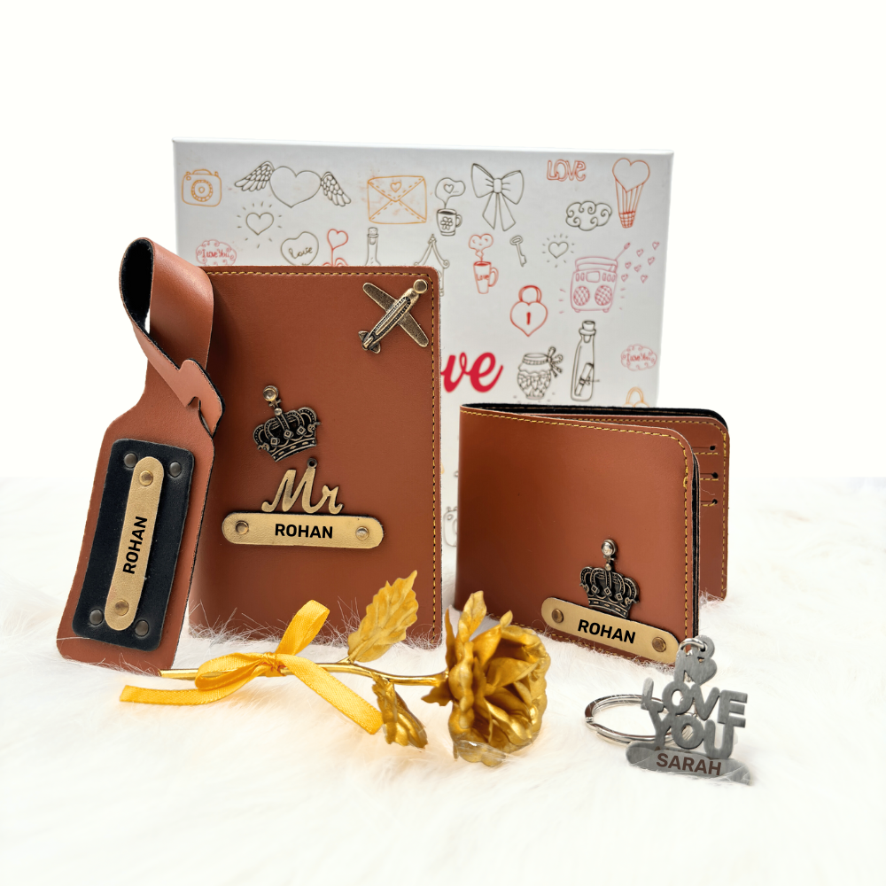 A box containing customized passport, keychain, and a gold keychain, symbolizing travel, security & perfect gift.