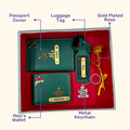 A box containing customized passport, keychain, and a gold keychain, symbolizing travel, security & perfect gift.