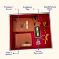 A box containing customized passport, keychain, and a gold keychain, symbolizing travel, security & perfect gift.