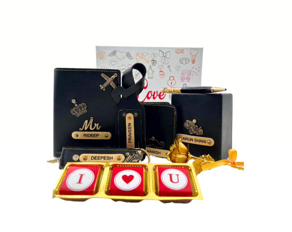 A customized black leather wallet, passport cover, luggage tag, I Love You chocolate, along with a gold rose, keychain and a leather box enclosed in a white box, perfect for valentines gifting.