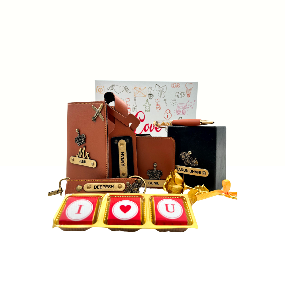 A customized tan leather wallet, passport cover, luggage tag, I Love You chocolate, along with a gold rose, keychain and a leather box enclosed in a white box, perfect for valentines gifting.