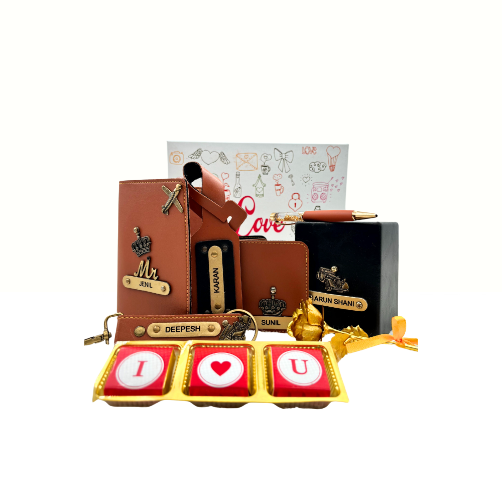 A box showcasing leather wallet, passport cover, luggage tag, I Love You chocolate, along with a gold rose, keychain and a leather box higlighting their features. Perfect for valentines gifting.