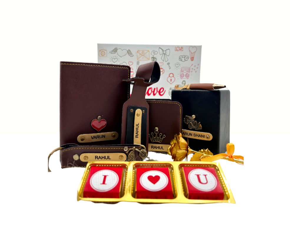 A customized brown leather wallet, passport cover, luggage tag, I Love You chocolate, along with a gold rose, keychain and a leather box enclosed in a white box, perfect for valentines gifting.