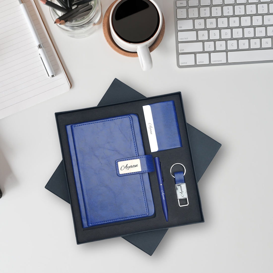 Classy Executive Diary + Classic Metal Pen + Classy Leather Metal Keychain + Classy Card Holder - Blue