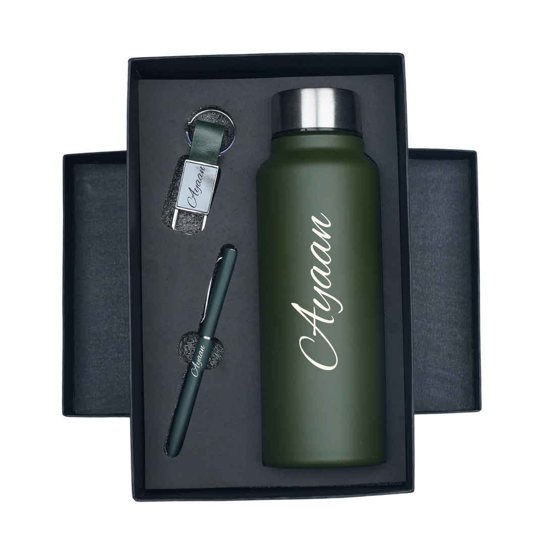 Classic Metal Pen+Classic Leather Metal Keychain+Classic Smart Bottle-Green