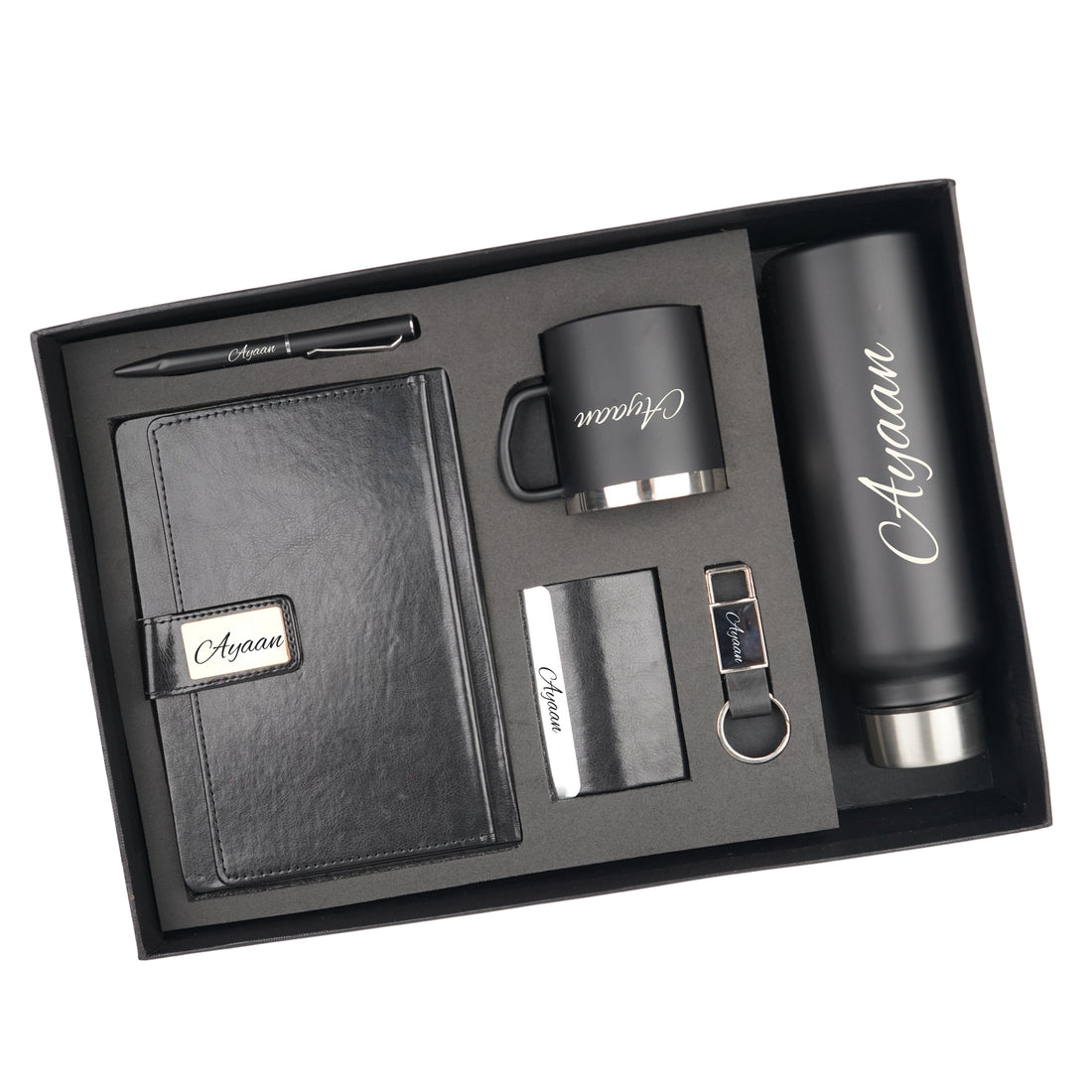 Classy Executive Diary + Classic Metal Pen + Classy Leather Metal Keychain + Classy Card Holder + Classic Smart Bottle  + Stainless Steel Mug - Black